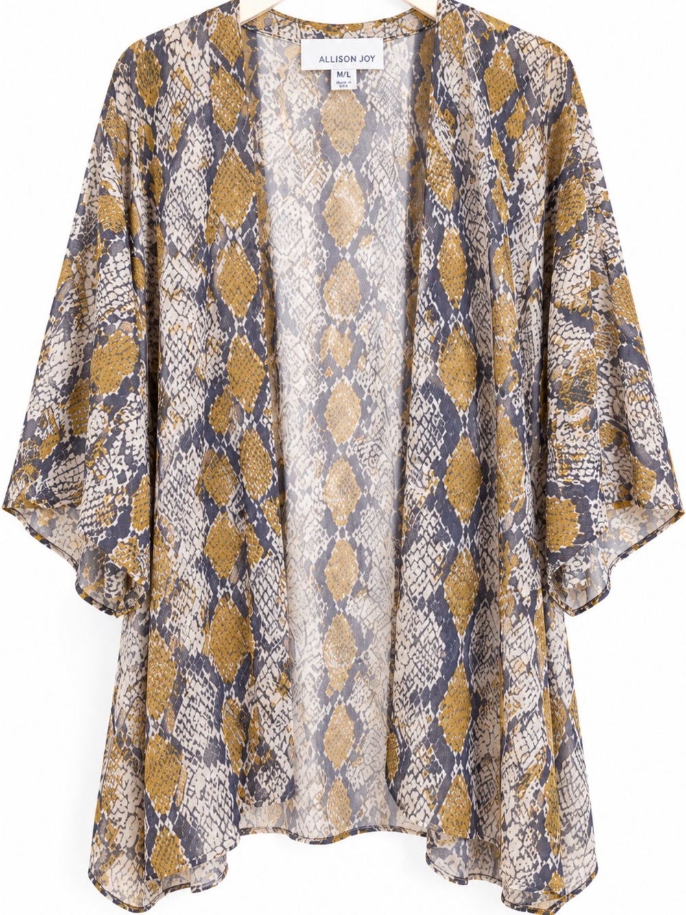 Allison Joy M/L Snake Print Kimono Cardigan Mustard Gray Open Front